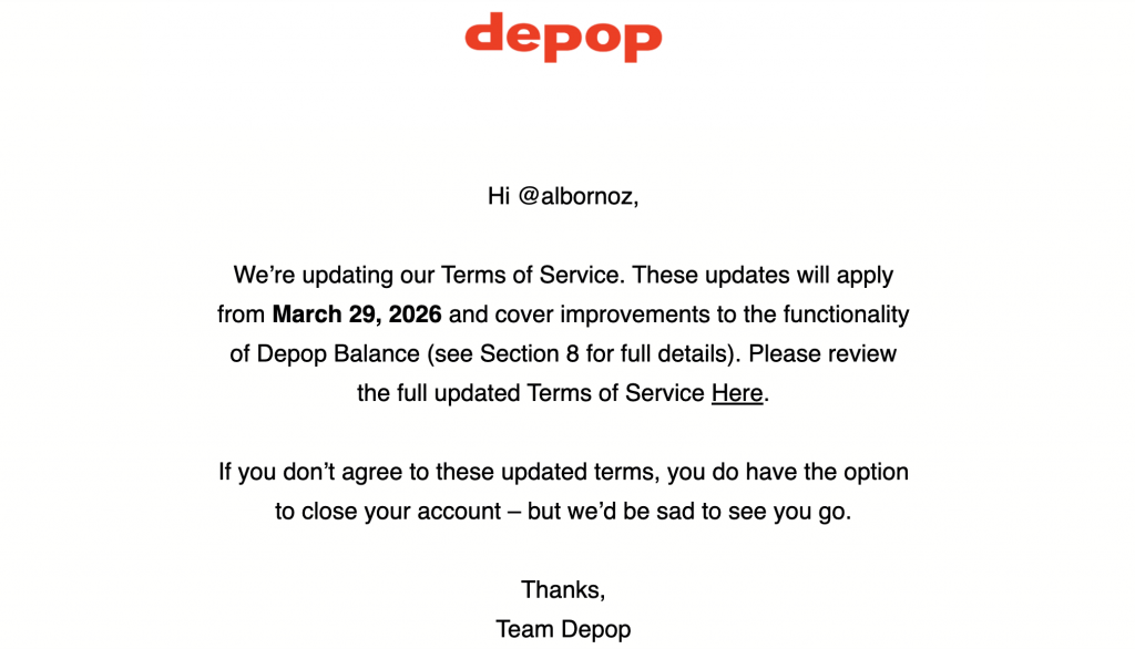 Depop email screenshot showing the new terms
